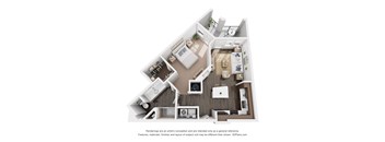 A 3D floor plan of a house with a kitchen, living room, and two bedrooms.