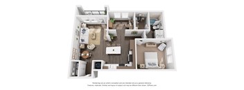 A 3D floor plan of a house with a kitchen, living room, and bedrooms.