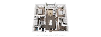 A 3D floor plan of a house with a kitchen, living room, and two bedrooms.