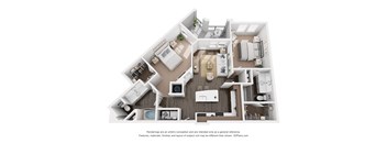 A 3D floor plan of a house with a kitchen, living room, and bathrooms.