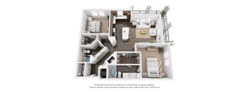 A 3D floor plan of a house with multiple rooms and furniture.