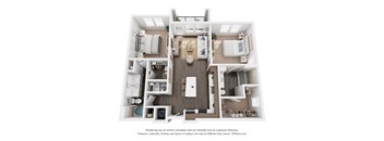 A 3D floor plan of a house with a kitchen, living room, and two bedrooms.