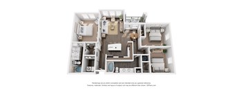 A 3D floor plan of a house with a kitchen, living room, and two bedrooms.