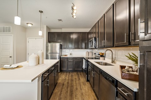 A modern kitchen with dark brown cabinets and stainless steel appliances.