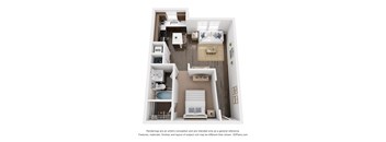 A 3D floor plan of a small apartment with a kitchen, living room, and bedroom.