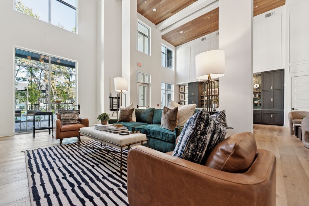 a living room with a couch and a rug