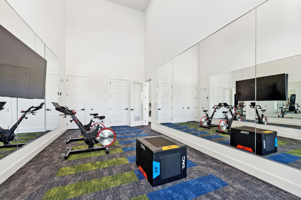 a gym with exercise equipment and a tv in a room with mirrored walls
