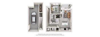 3D floor plan of an apartment with one bedroom and one bathroom and a garage at Tapestry Palmera in St. Augustine, FL