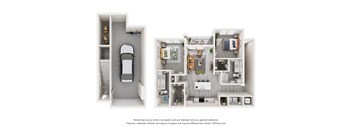 Bahia floor plan with two bedrooms, two bathrooms, and an attached garage at Tapestry Palmera Apartments in St. Augustine, FL 