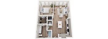 a 3D floor plan of a one bedroom one bathroom apartment