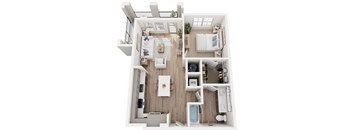 a 3D floor plan of a one bedroom one bathroom apartment