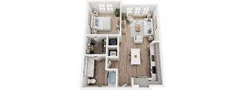 a 3D floor plan of a one bedroom one bathroom apartment