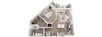 a 3D floor plan of a one bedroom one bathroom apartment