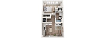 a 3d rendering of one bedroom one bathroom apartment