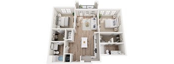 a 3d floor plan of a two bedroom two bathroom apartment
