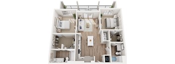 a 3d floor plan of a two bedroom two bathroom apartment