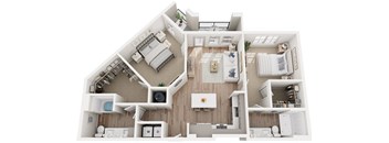 a 3d floor plan of a two bedroom two bathroom apartment