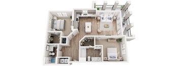 a 3d floor plan of a two bedroom two bathroom apartment
