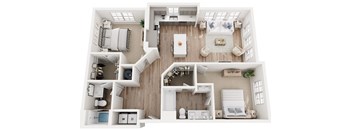 a 3d floor plan of a two bedroom two bathroom apartment