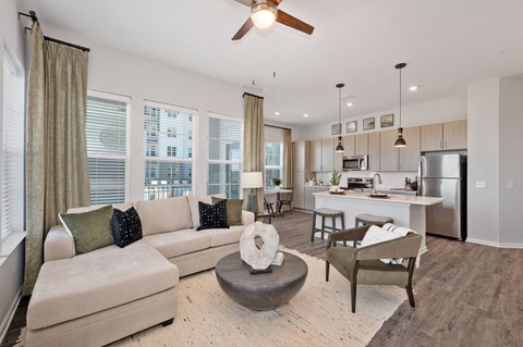 a living room with a couch and a table
