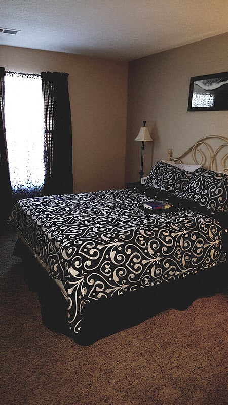 a bedroom with a black and white bed