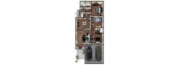 A top-down view of a two-bedroom apartment with a garage.