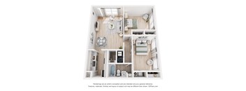 A 3D floor plan of a small apartment with a kitchen, living room, and bathroom.