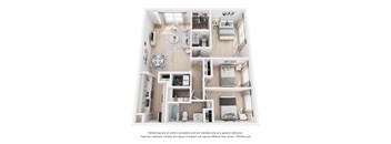 A 3D floor plan of a small apartment with a kitchen, living room, and bathroom.
