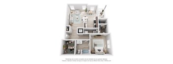 a rendering of a one bedroom, one bathroom apartment at Colonnade at Eastern Shore Apartments in Daphne, AL