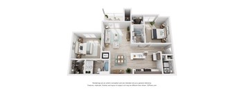 a rendering of a two bedroom, two bathroom apartment at Colonnade at Eastern Shore Apartments in Daphne, AL
