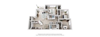 a rendering of a three bedroom, two bathroom apartment at Colonnade at Eastern Shore Apartments in Daphne, AL