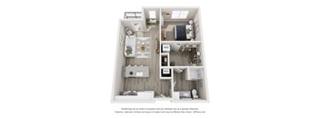 3-D floor plan of The Redmont one bedroom one bathroom apartment at The Fitzroy Apartments Homes in Birmingham Alabama