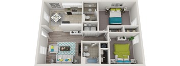 A top-down view of a small, neatly organized apartment with a kitchen, living room, and bedroom.