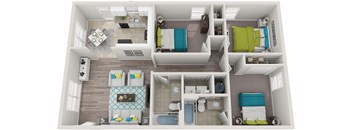A top-down view of a small apartment with a kitchen, living room, and bathroom.