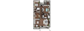 A floor plan of a two-story apartment with a living room, kitchen, and bedrooms.