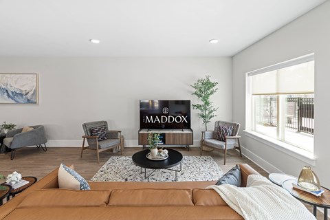A living room with a brown sofa and a TV displaying the word "MADOX".