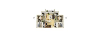 A 3D floor plan of a house with labeled sections A and B.