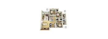 A 3D floor plan of a small apartment with three bedrooms and a living room.