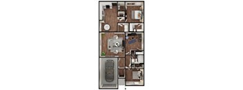 A top-down view of a house layout with a car parked in the garage.