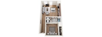 3-D rendering of a one bedroom apartment at The Pizitz in Birmingham, AL
