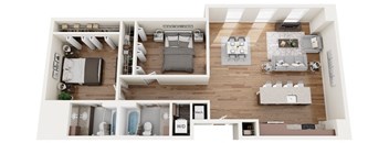 3-D rendering of a two bedroom apartment at The Pizitz in Birmingham, AL