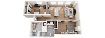 3-D rendering of a two bedroom apartment at The Pizitz in Birmingham, AL