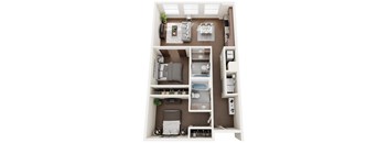 3-D rendering of a two bedroom apartment at The Pizitz in Birmingham, AL