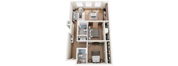 3-D rendering of a two bedroom apartment at The Pizitz in Birmingham, AL
