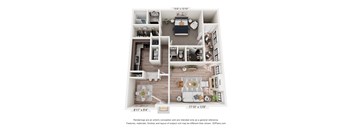 A floor plan of a two-bedroom apartment with a living room, kitchen, and bathroom.