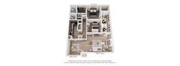 A 3D floor plan of a house with a living room, kitchen, and dining area.