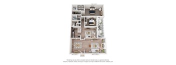 A 3D floor plan of a house with three bedrooms, two bathrooms, a living room, a kitchen, and a dining room.