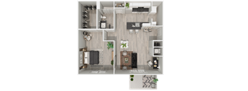 A top-down view of a small apartment with a kitchen, living room, and bathroom.
