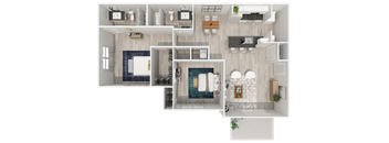 A top-down view of a modern apartment layout with a kitchen, living room, and bathroom.