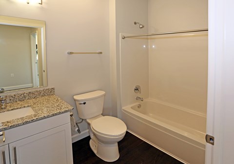 guest bathroom with tub and shower combo, granite countertops, and undermount sink.
